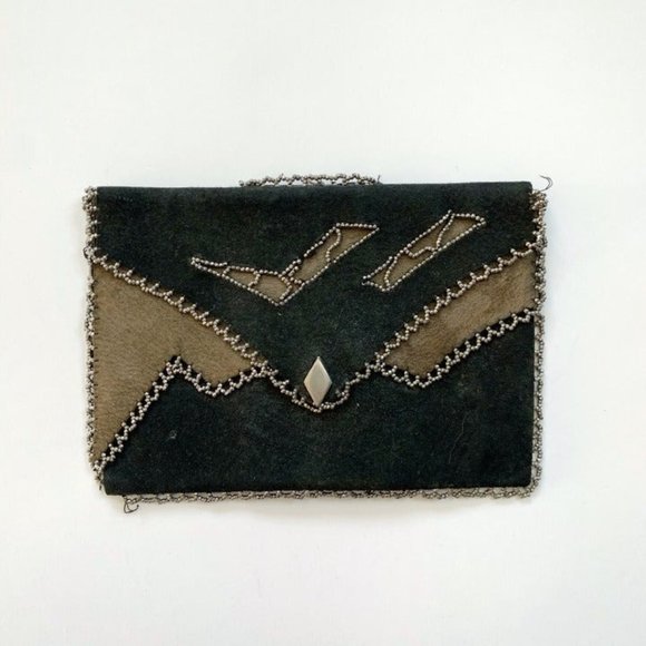 AMCO vintage 70s brown and black beaded leather suede clutch hand strap - Picture 1 of 10
